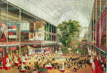 A Kristálypalota belső látképe az 1851-es nagy kiállítás alatt, William Simpson (1823-99) metszete 1851